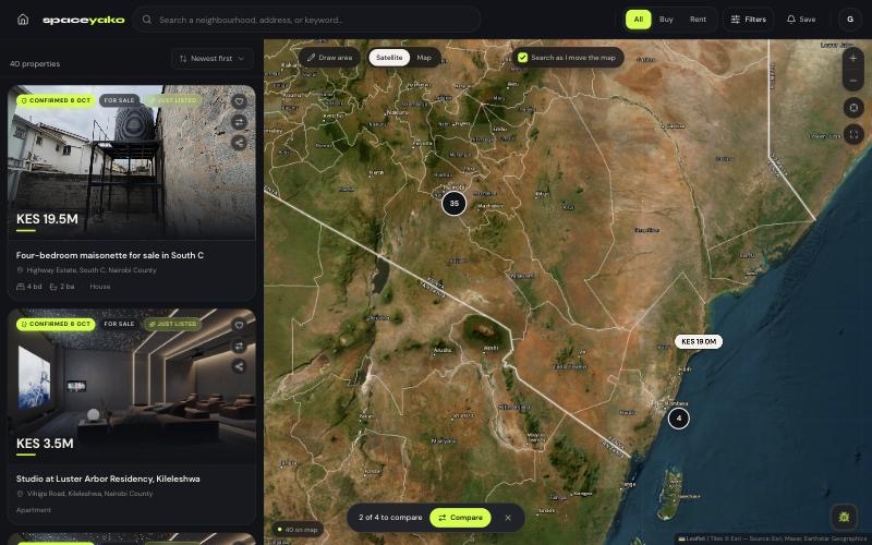 The SpaceYako property platform: listings beside a map of Kenya, each card showing price, location and verification state.